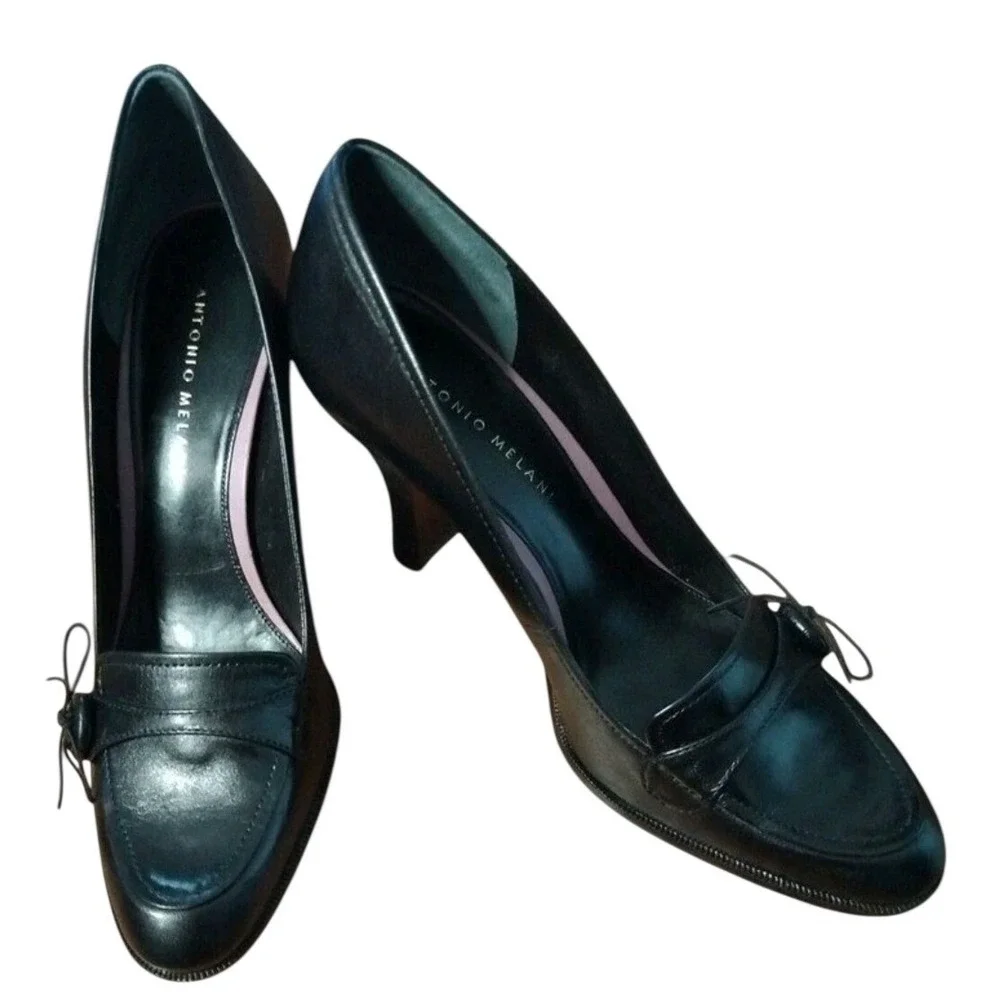 Antonio Melani Black Leather Loafer 3in Heels Size 8.5M Tie Detail Officecore